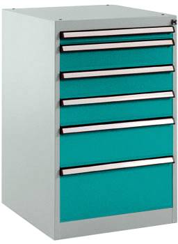 Manuflex SP1107.5021 Schubfachschrank BASETEC Stationär, Nutzhöhe 700mm mit 6 Schubfächern, in wasserblau RAL 5021