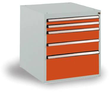 Manuflex SP1122.2001 Schubfachschrank BASETEC Stationär, Nutzhöhe 500mm mit 5 Schubfächern, in rotorange RAL 2001