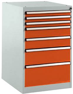 Manuflex SP1128.2001 Schubfachschrank BASETEC Stationär, Nutzhöhe 700mm mit 7 Schubfächern, in rotorange RAL 2001