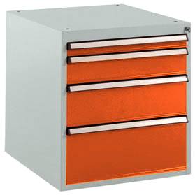 Manuflex SP1140.2001 Schubfachschrank BASETEC Stationär, Nutzhöhe 500mm mit 4 Schubfächern, in rotorange RAL 2001