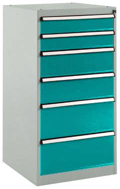 Manuflex SP1142.5021 Schubfachschrank BASETEC Stationär, Nutzhöhe 900mm mit 6 Schubfächern, in wasserblau RAL 5021