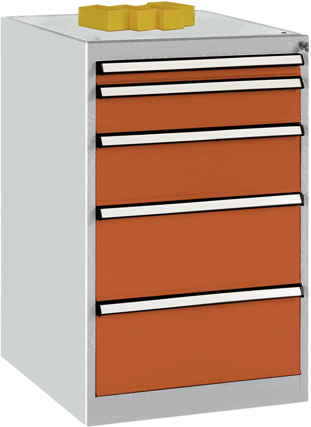 Manuflex TP1141.2001 Schubfachschrank BASETEC Stationär, Nutzhöhe 700mm mit 5 Schubfächern, in rotorange RAL 2001