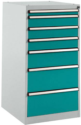 Manuflex SP1137.5021 Schubfachschrank BASETEC Stationär, Nutzhöhe 900mm mit 7 Schubfächern, in wasserblau RAL 5021