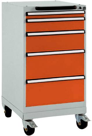 Manuflex TP1144.2001 Schubfachschrank BASETEC mobil, Nutzhöhe 700mm mit 5 Schubfächern, in rotorange RAL 2001
