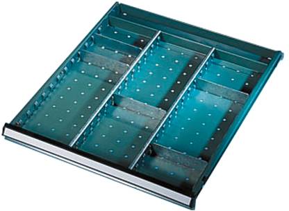 Metallschublade mit drei längs verlaufenden Trennwänden und Lochmusterboden. Ideal für organisierte Lagerung kleinerer Artikel.