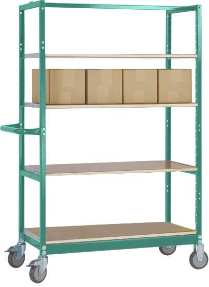 Ein grüner Lagerwagen mit vier Regalböden. Auf dem zweiten Regal befinden sich vier Pappkartons. Der Wagen hat vier Räder.