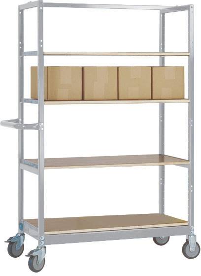 Ein leerer Lagerwagen aus Metall mit vier Regalböden und Rollen, auf dem obersten Regal befinden sich drei Pappkartons.