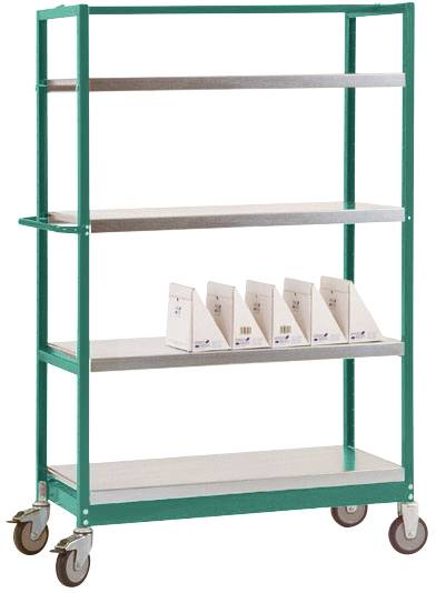 Ein rollbares Metallregal mit vier Ebenen. Auf der dritten Ebene stehen mehrere weiße, beschriftete Ordner.