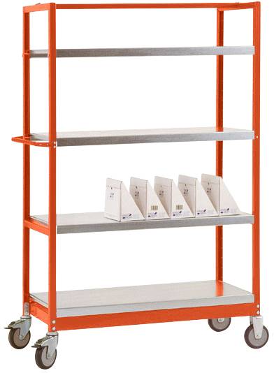 Ein roter Rollwagen mit vier Regalböden, auf dem unteren Regal befinden sich fünf weiße Ordner. Der Wagen hat vier Räder.
