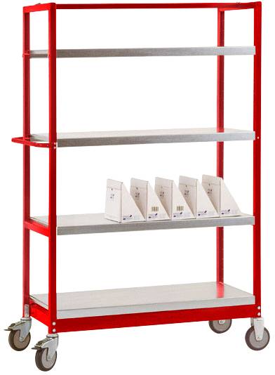 Ein rotes Rollregal mit vier Ebenen. Auf der dritten Ablage stehen fünf weiße Kartons in einer Reihe.