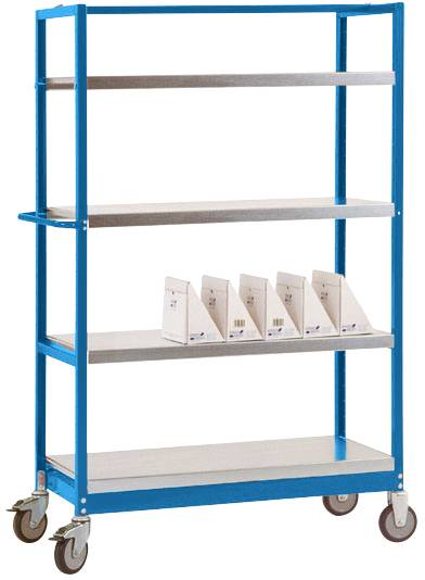 Metallregalwagen mit vier Etagen und Rollen, fünf weiße Aufbewahrungsboxen auf dem dritten Regal.
