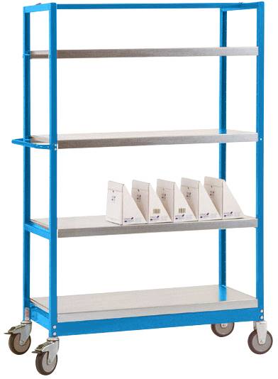 Metallwagen mit vier Ebenen, darauf stehen fünf weiße Ordner in einer Reihe auf dem zweiten Regalbrett, auf Rollen.