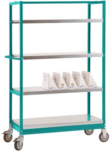 Ein metallener Transportwagen mit drei Ebenen, gefüllt mit fünf weißen Aktenordnern auf mittlerer Ebene, auf Rollen.