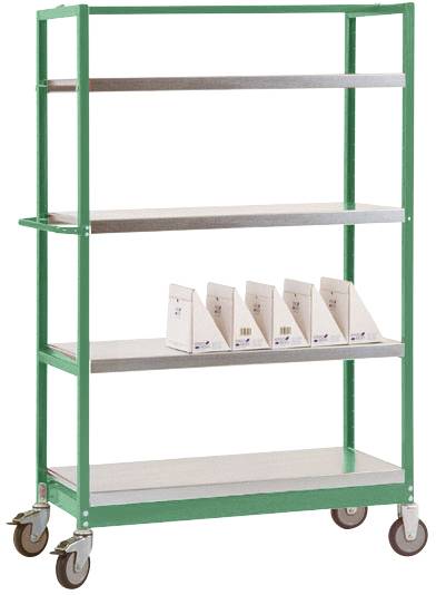 Ein grünes Regal auf Rädern mit vier Ebenen; auf der dritten Ebene stehen mehrere weiße Ordner nebeneinander.