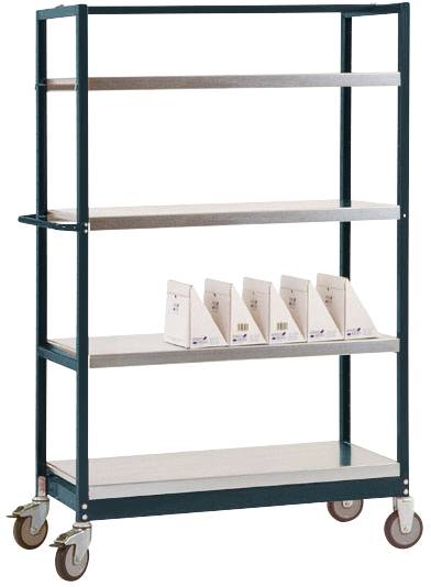 Ein vierrädriger Regalwagen mit vier Regalböden, auf dem unteren Regal fünf weiße Archivboxen.