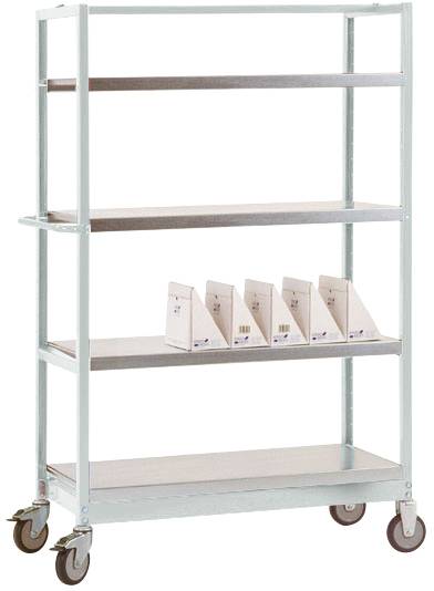 Metallregal auf Rollen mit fünf Ebenen, vier weißen Kartons auf der mittleren Ebene.