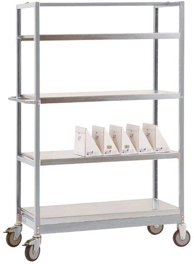 Metallregal auf Rollen mit vier Ebenen. Auf einer Ablage stehen fünf weiße Ordner. Geeignet für Büro- oder Lagerbedarf.