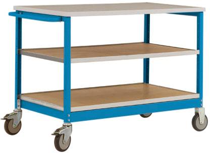 Metall-Rollwagen mit drei Regalböden und vier Rädern, geeignet für den Transport von Materialien in Lager- oder Werkstätten.