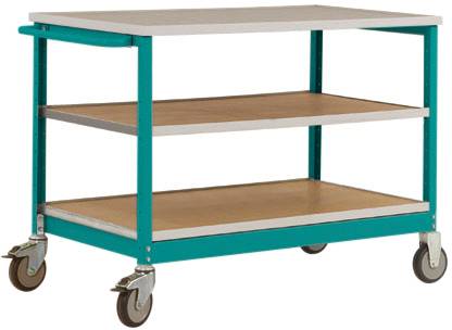 Blauer Rollwagen mit drei Regalböden auf vier Rollen. oberen Regalböden aus hellem Holz, Rahmen aus Metall.