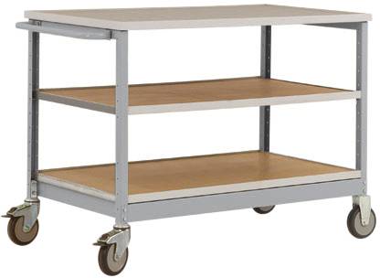 Grau-weißer Servierwagen auf Rollen mit drei Holzablagen. Ideal für den Transport oder die Aufbewahrung von Gegenständen.