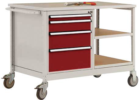 Ein mobiler Werkstattwagen mit vier roten Schubladen und zwei offenen Regalfächern, montiert auf vier Rollen zum leichten Bewegen.
