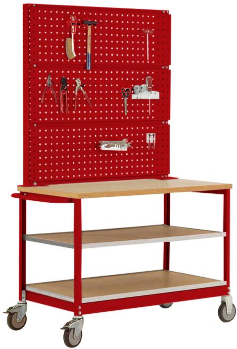 Rote mobile Werkbank mit Holzoberfläche und zwei Regalen, Rückwand mit Haken und Werkzeugen wie Zangen und Schraubenschlüssel.