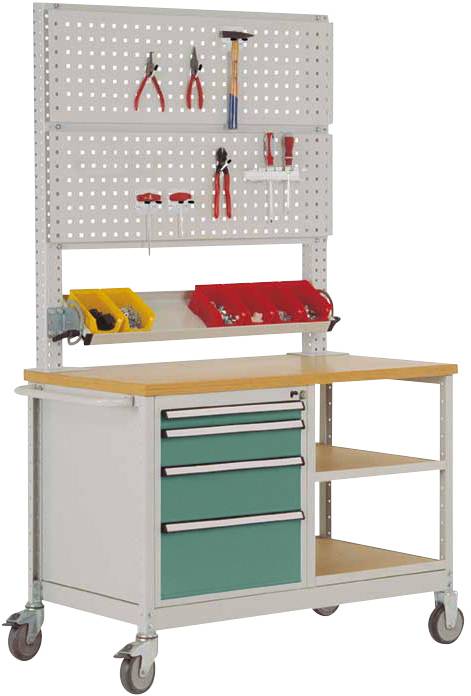 Werkbank mit grünem Schubladenschrank, drei Regalfächern und einer Lochwand mit aufgehängten Werkzeugen wie Zangen und Hammer.