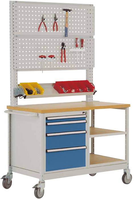 Werkbank mit Holzplatte, blauen Schubladen, offenem Regal, Werkzeugwand mit Haken und gelben sowie roten Behältern für Kleinteile.