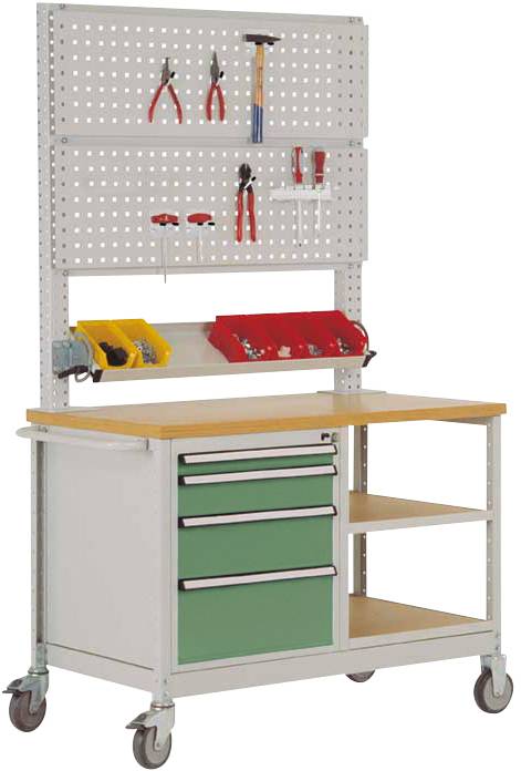Werkbank auf Rollen mit Lochwand voller Werkzeuge, darunter Zangen und Schraubendreher; drei Schubladen und zwei offene Fächer.