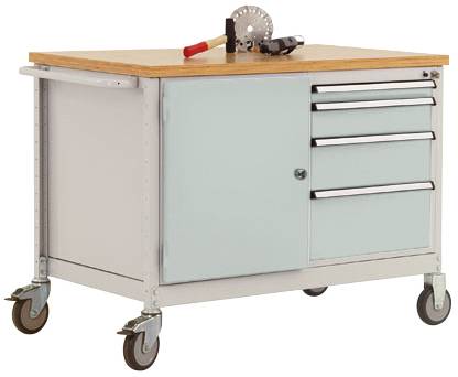 Mobiler Werkstattschrank mit Holzplatte, drei Schubladen, einem Fach mit Tür und Werkzeugen darauf. Ideal für Werkstattlagerung.