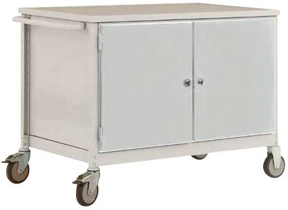 Ein rechteckiger metallischer Rollwagen mit zwei Türen und vier Rädern.