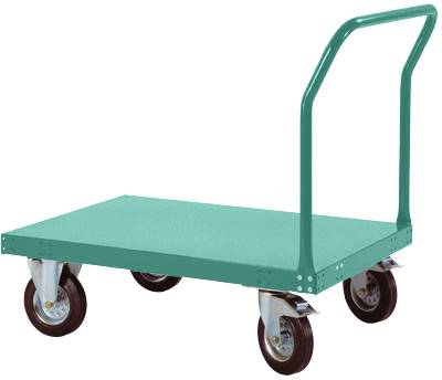 Ein grüner Transportwagen mit vier Rollen und einem Haltegriff steht aufrecht.