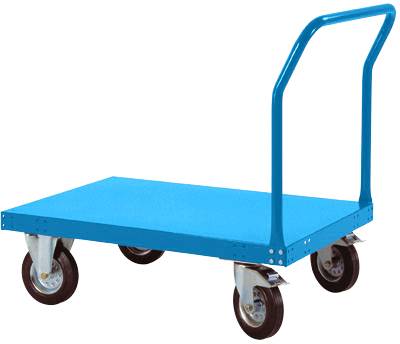 Ein blauer Transportwagen mit vier Rädern und einem Griff, geeignet zum Bewegen von schweren Lasten in Lagerhäusern oder Werkstätten.