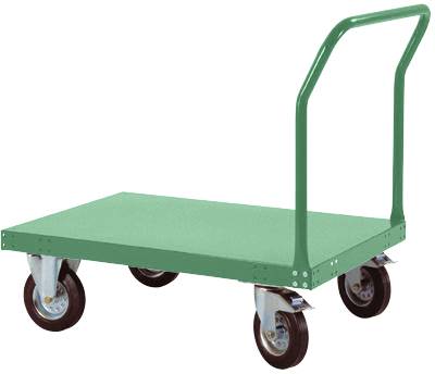 Ein grüner Transportwagen mit vier schwarzen Rädern und einem Griff.