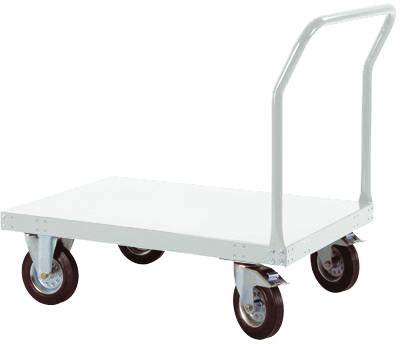 Ein grauer Transportwagen mit vier Rollen und einem Griff, geeignet zum Bewegen von Lasten.