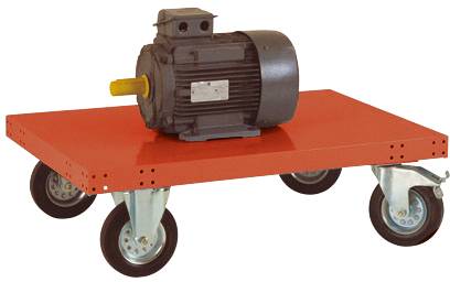 Elektromotor auf einem roten, rollbaren Transportwagen mit vier Rädern.