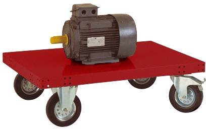 Roter Rollwagen mit einem grauen Elektromotor darauf. Der Rollwagen hat vier Räder, die alle lenkbar sind.