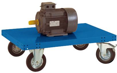 Elektromotor auf einem blauen Rollwagen mit vier Rädern.