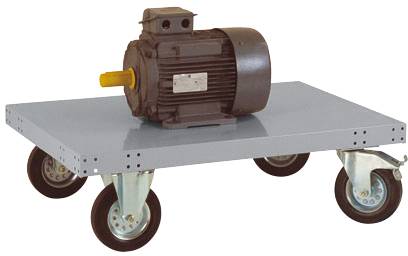 Ein Elektromotor auf einem rollbaren Stahlwagen. Der Wagen hat vier Räder und trägt den Motor sicher auf einer Metallplattform.