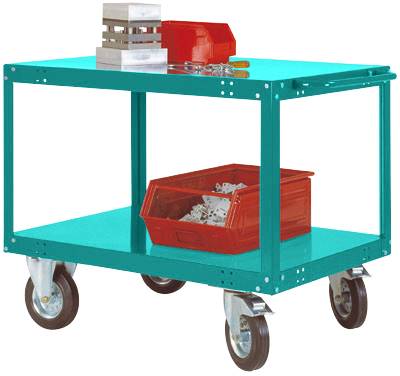 Ein türkisfarbener Rollwagen mit Schraubensortiment und Werkzeugkasten auf der oberen Ablage. Unten ein roter Behälter mit Klemmen.