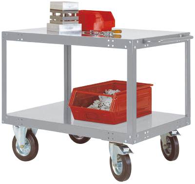 Grau-roter Werkstattwagen mit vier Rädern. Oben liegen Werkzeugkiste und Schraubenschlüssel; unten roter Behälter mit kleinen Teilen.