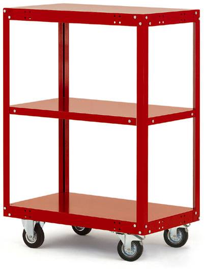 Ein rotes Metallregal auf Rollen mit drei offenen Ablageflächen, geeignet für Lager- oder Büroanwendungen.