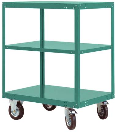 Grünes Regal auf Rollen mit zwei Regalböden, geeignet für mobilen Transport von Gegenständen.