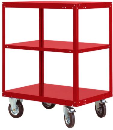 Roter, stabiler Metallwagen mit drei Regalböden und vier großen, drehbaren Rollen, geeignet für den Transport schwerer Gegenstände.