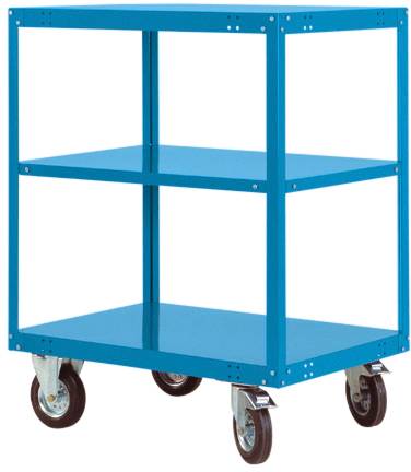 Ein blauer Metallwagen mit zwei Regalböden und vier Rädern.