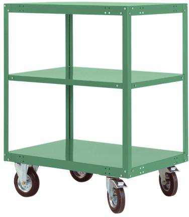 Grüner Metallrollwagen mit drei Regalböden und vier Rollen. Geeignet zur Lagerung und zum Transport von Gegenständen.