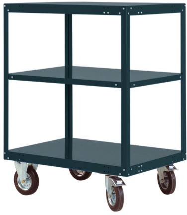 Ein dunkelblaues, rechteckiges Regal auf Rädern mit drei Ebenen. Geeignet für den Transport oder die Lagerung von Gegenständen.