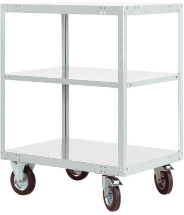 Metallwagen mit zwei Regalböden und vier Rollen, geeignet für den Transport von Waren oder Materialien in Lagerumgebungen.