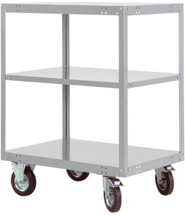 Metallregalwagen mit drei Ebenen und vier Rollen, geeignet für den Transport von Gegenständen in Lager- oder Büroumgebungen.