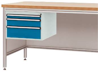 Bürotisch mit drei blau-weißen Schubladen auf der linken Seite. Holzplatte und Metallbeine.
